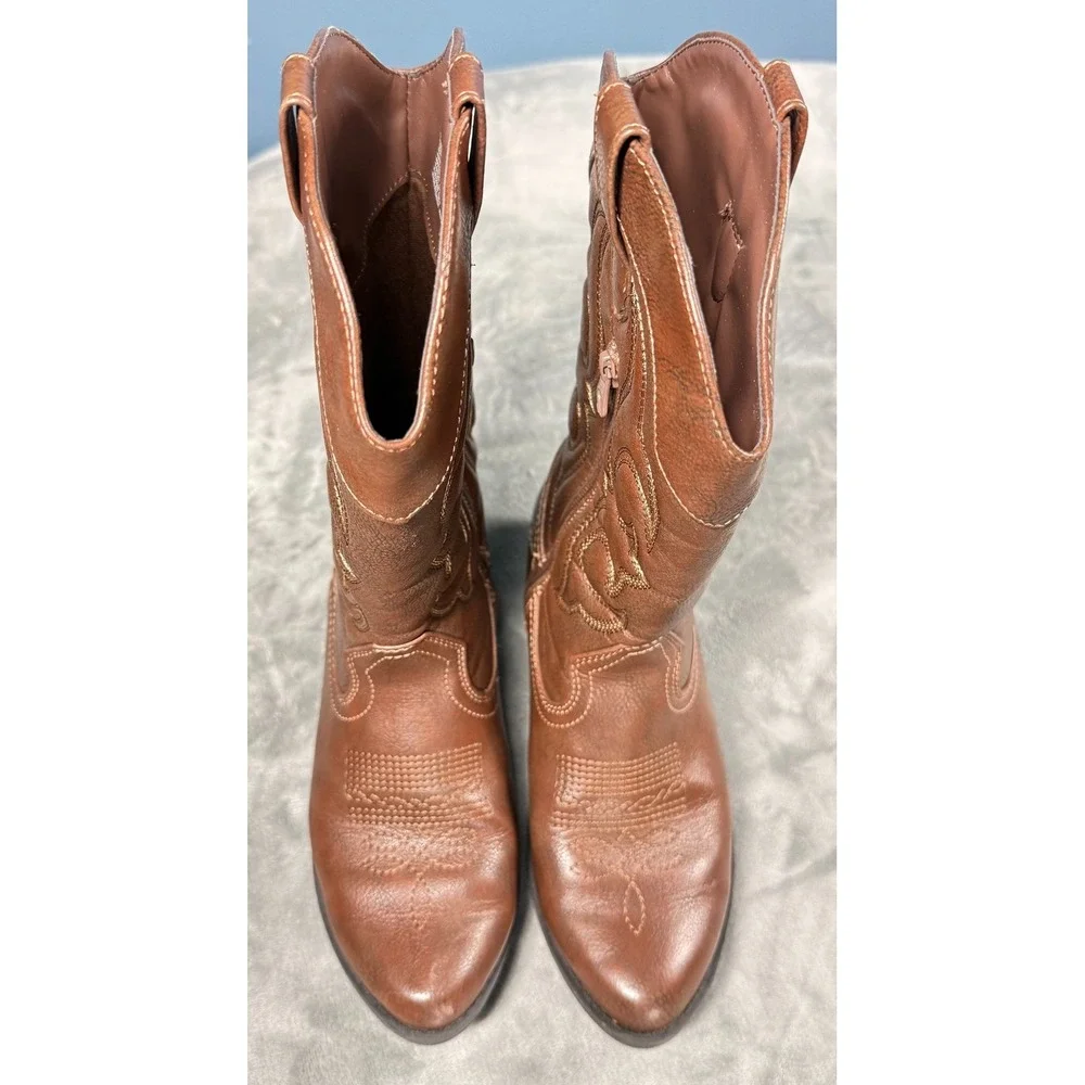 Cat Jack Girls Cowboy Boots 5 Brown Embroidered Western Zip Up